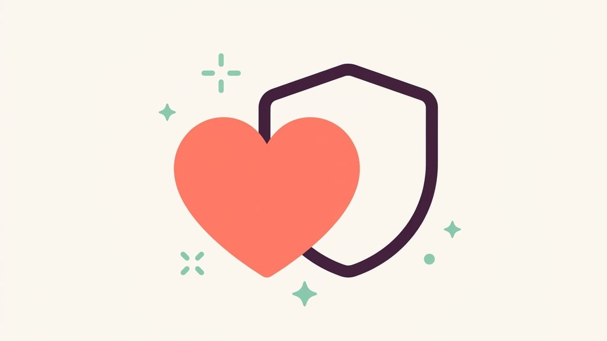 Illustration graphique évoquant la confiance et la sécurité — bouclier, cadenas, sourire, dans une palette bienveillante corail et prune